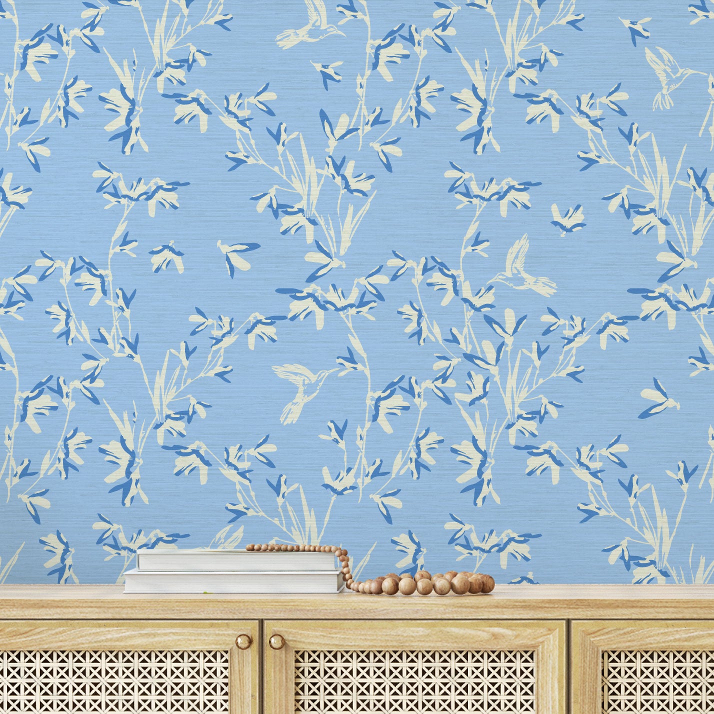 Chinoiserie Chinese Chinz Natural Textured Eco-Friendly Non-toxic High-quality  Sustainable practices Sustainability Wall covering Wallcovering Wallpaper Custom interior Bespoke Tailor-made grasscloth Nature inspired Bold Garden Wallpaper floral tree bird animal hummingbird garden tree asian inspired nursery feminine girl bedroom french blue blue light blue dusty blue 