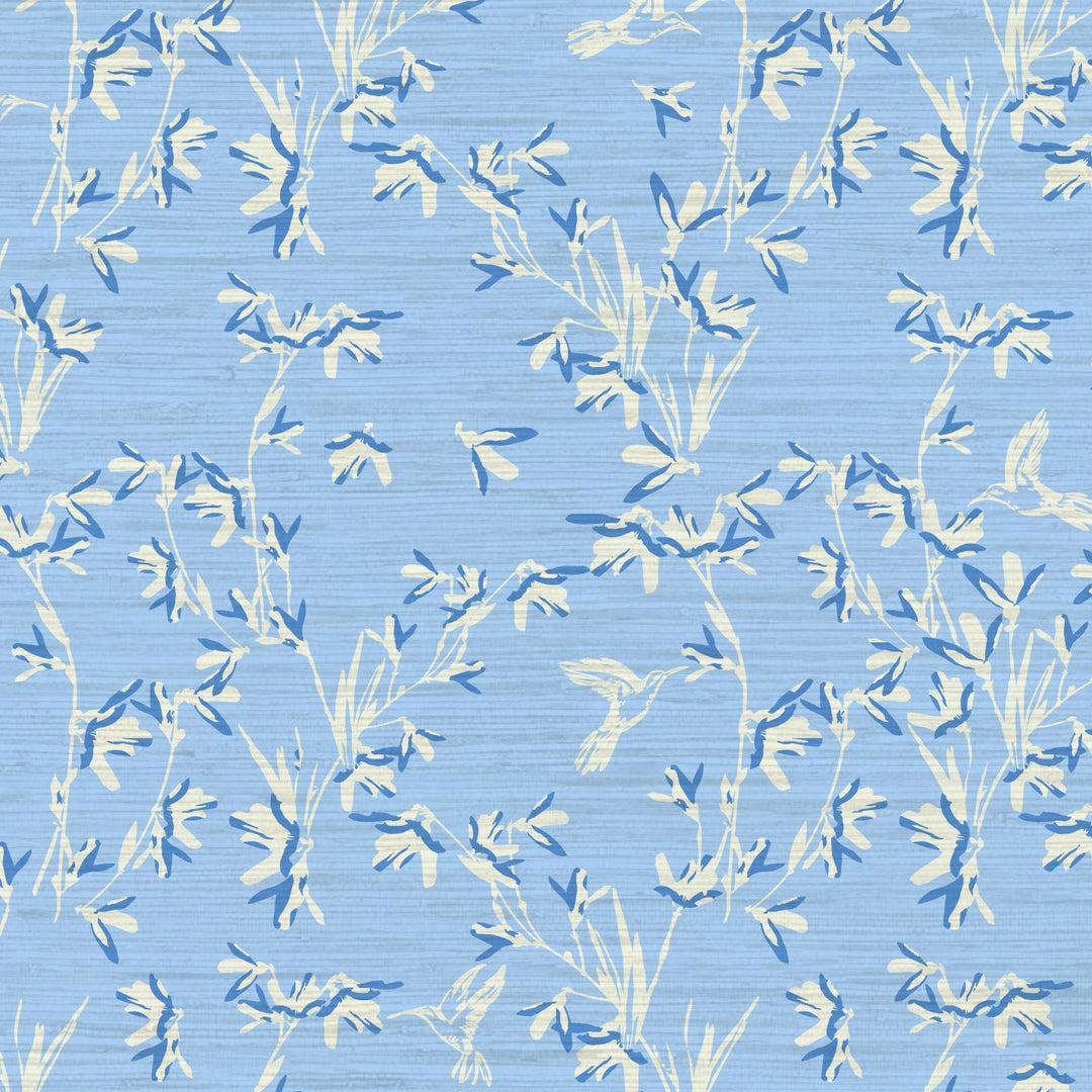 Chinoiserie Chinese Chinz Natural Textured Eco-Friendly Non-toxic High-quality  Sustainable practices Sustainability Wall covering Wallcovering Wallpaper Custom interior Bespoke Tailor-made grasscloth Nature inspired Bold Garden Wallpaper floral tree bird animal hummingbird garden tree asian inspired nursery feminine girl bedroom french blue blue light blue dusty blue 