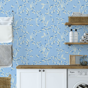 Chinoiserie Chinese Chinz Natural Textured Eco-Friendly Non-toxic High-quality Sustainable practices Sustainability Wall covering Wallcovering Wallpaper Custom interior Bespoke Tailor-made grasscloth Nature inspired Bold Garden Wallpaper floral tree bird animal hummingbird garden tree asian inspired nursery feminine girl bedroom french blue blue light blue dusty blue paperweave paper weave