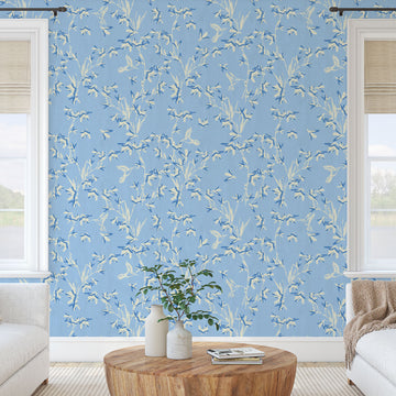 Chinoiserie Chinese Chinz Natural Textured Eco-Friendly Non-toxic High-quality Sustainable practices Sustainability Wall covering Wallcovering Wallpaper Custom interior Bespoke Tailor-made grasscloth Nature inspired Bold Garden Wallpaper floral tree bird animal hummingbird garden tree asian inspired nursery feminine girl bedroom french blue blue light blue dusty blue paperweave paper weave