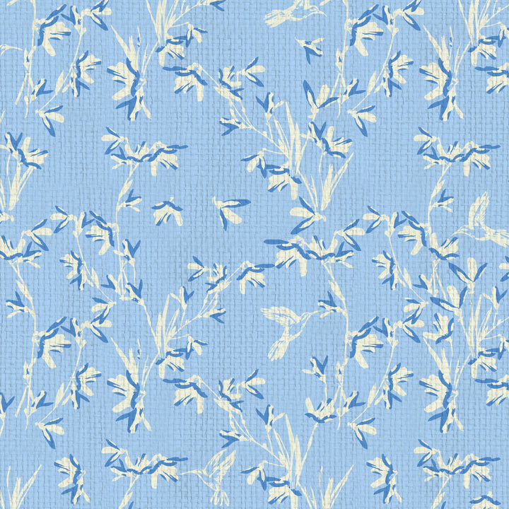 Chinoiserie Chinese Chinz Natural Textured Eco-Friendly Non-toxic High-quality  Sustainable practices Sustainability Wall covering Wallcovering Wallpaper Custom interior Bespoke Tailor-made grasscloth Nature inspired Bold Garden Wallpaper floral tree bird animal hummingbird garden tree asian inspired nursery feminine girl bedroom french blue blue light blue dusty blue paperweave paper weave