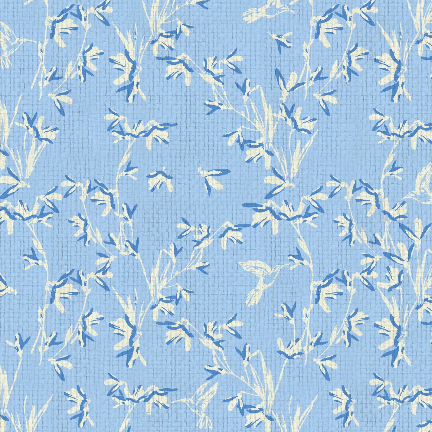 Chinoiserie Chinese Chinz Natural Textured Eco-Friendly Non-toxic High-quality  Sustainable practices Sustainability Wall covering Wallcovering Wallpaper Custom interior Bespoke Tailor-made grasscloth Nature inspired Bold Garden Wallpaper floral tree bird animal hummingbird garden tree asian inspired nursery feminine girl bedroom french blue blue light blue dusty blue paperweave paper weave