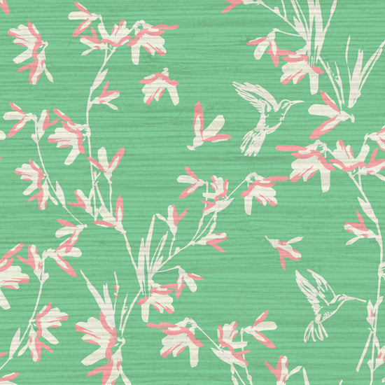 Chinoiserie Chinese Chinz Natural Textured Eco-Friendly Non-toxic High-quality Sustainable practices Sustainability Wall covering Wallcovering Wallpaper Custom interior Bespoke Tailor-made grasscloth Nature inspired Bold Garden Wallpaper floral tree bird animal hummingbird garden tree asian inspired nursery feminine girl bedroom kelly green light pink white mint green