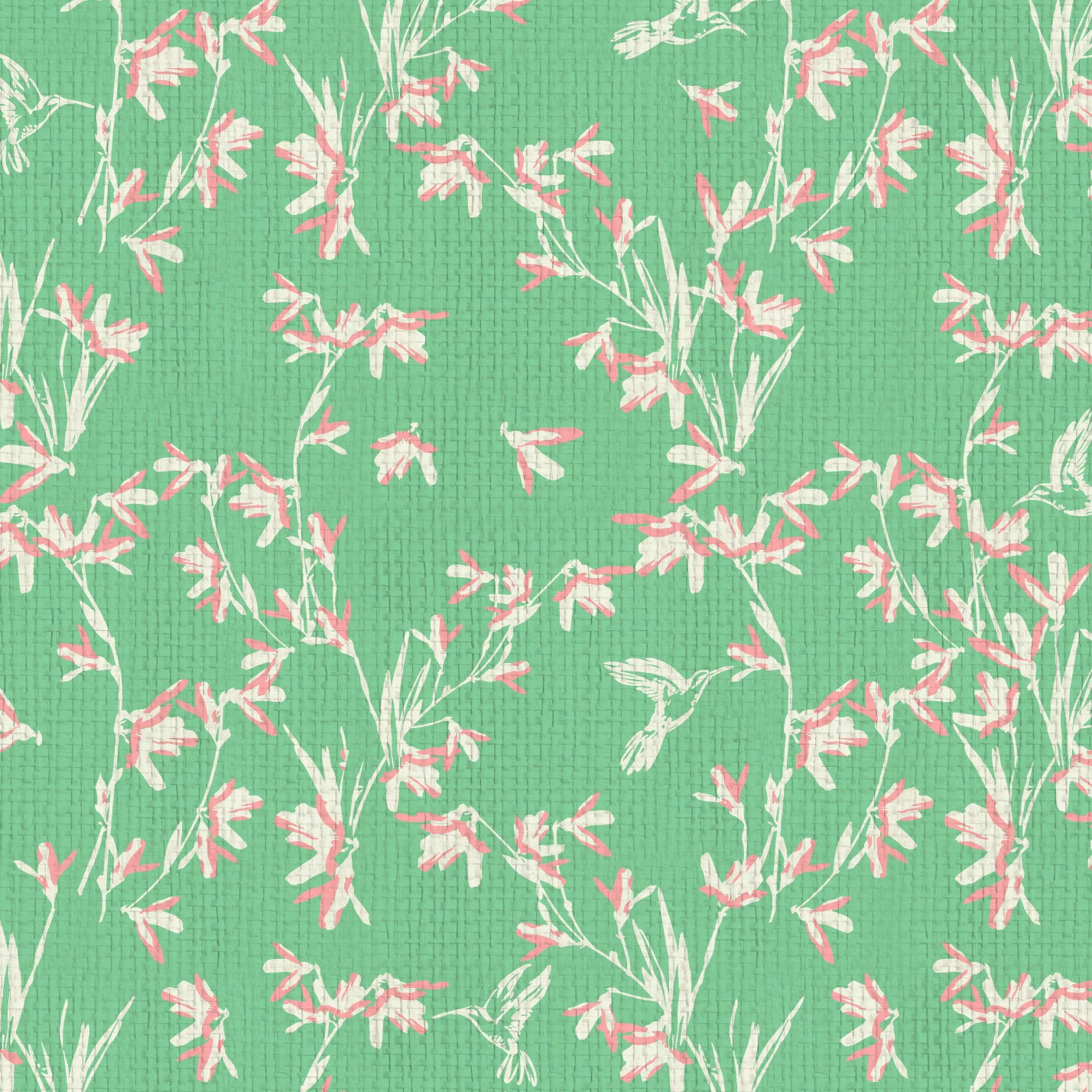 Chinoiserie Chinese Chinz Natural Textured Eco-Friendly Non-toxic High-quality  Sustainable practices Sustainability Wall covering Wallcovering Wallpaper Custom interior Bespoke Tailor-made grasscloth Nature inspired Bold Garden Wallpaper floral tree bird animal hummingbird garden tree asian inspired nursery feminine girl bedroom kelly green light pink white mint green paperweave paper weave