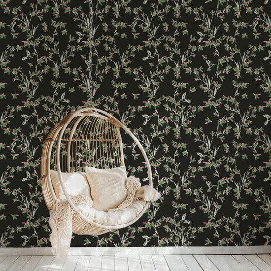 Chinoiserie Chinese Chinz Natural Textured Eco-Friendly Non-toxic High-quality  Sustainable practices Sustainability Wall covering Wallcovering Wallpaper Custom interior Bespoke Tailor-made grasscloth Nature inspired Bold Garden Wallpaper floral tree bird animal hummingbird garden tree asian inspired nursery feminine girl bedroom black with white green and pink flowers