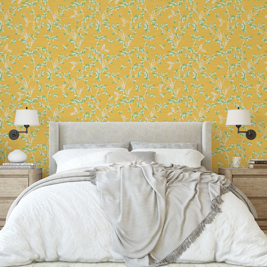 Chinoiserie Chinese Chinz Natural Textured Eco-Friendly Non-toxic High-quality Sustainable practices Sustainability Wall covering Wallcovering Wallpaper Custom interior Bespoke Tailor-made grasscloth Nature inspired Bold Garden Wallpaper floral tree bird animal hummingbird garden tree asian inspired nursery feminine girl bedroom butter yellow bright yellow marigold yellow with white and light green bedroom kids room girl girlie 