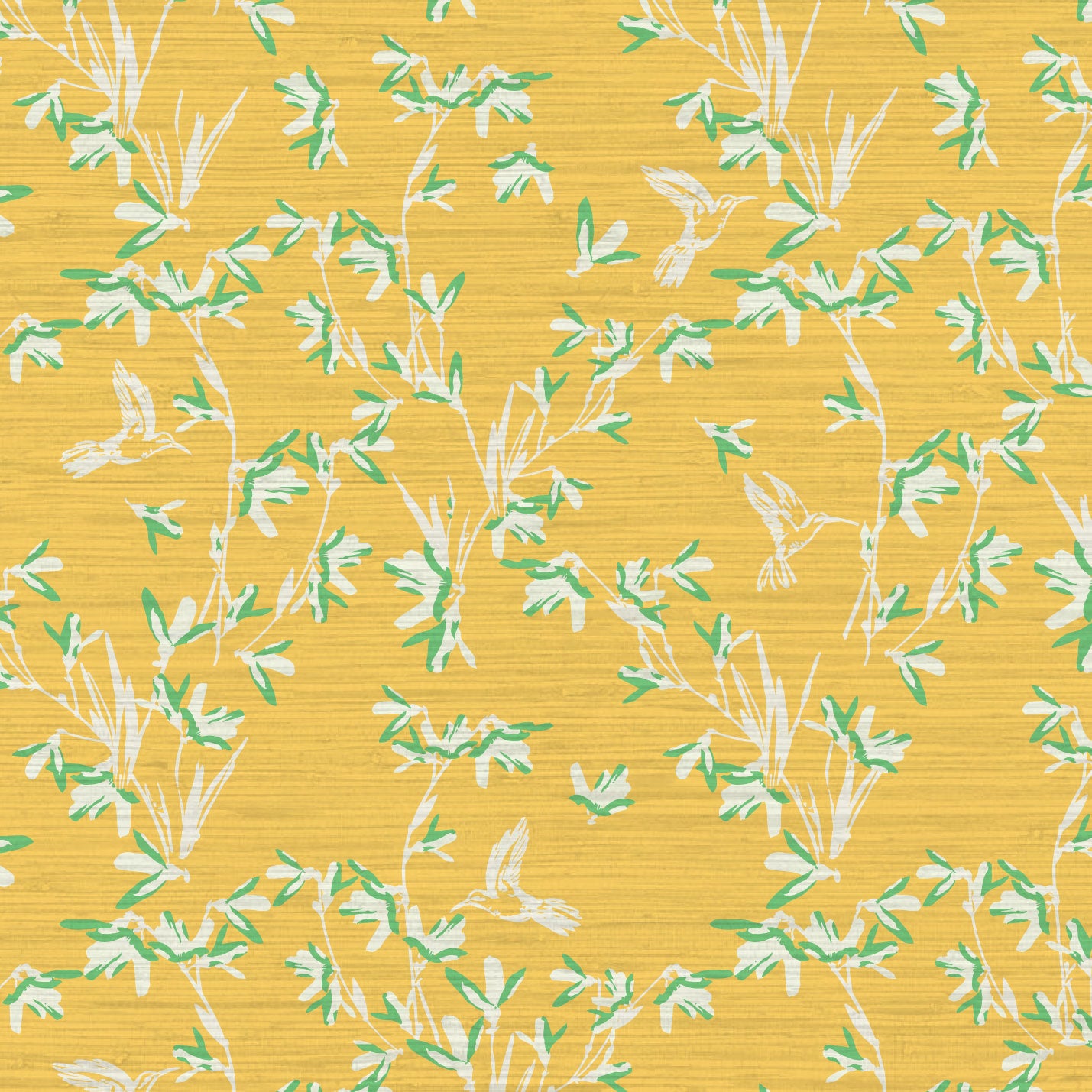 Load image into Gallery viewer, Chinoiserie Chinese Chinz Natural Textured Eco-Friendly Non-toxic High-quality  Sustainable practices Sustainability Wall covering Wallcovering Wallpaper Custom interior Bespoke Tailor-made grasscloth Nature inspired Bold Garden Wallpaper floral tree bird animal hummingbird garden tree asian inspired nursery feminine girl bedroom butter yellow bright yellow marigold yellow with white and light green
