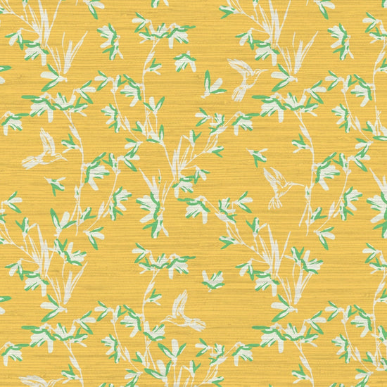 Chinoiserie Chinese Chinz Natural Textured Eco-Friendly Non-toxic High-quality  Sustainable practices Sustainability Wall covering Wallcovering Wallpaper Custom interior Bespoke Tailor-made grasscloth Nature inspired Bold Garden Wallpaper floral tree bird animal hummingbird garden tree asian inspired nursery feminine girl bedroom butter yellow bright yellow marigold yellow with white and light green