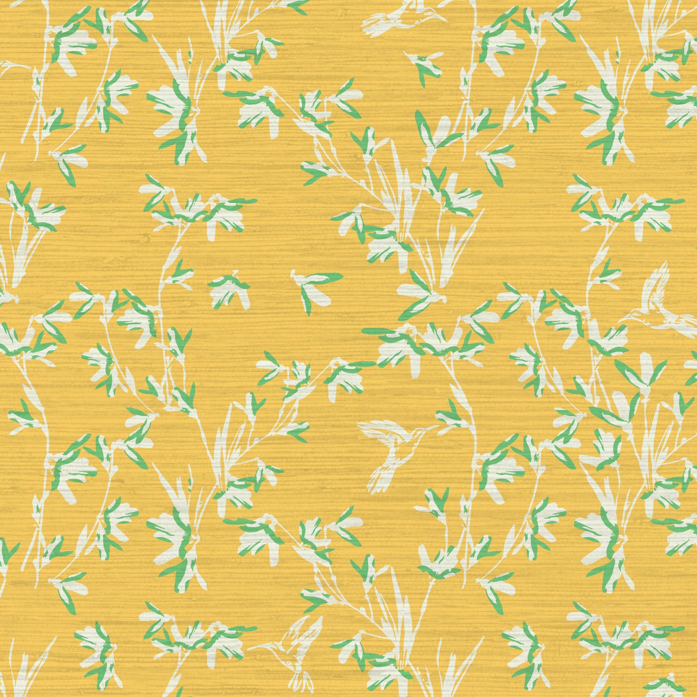 Chinoiserie Chinese Chinz Natural Textured Eco-Friendly Non-toxic High-quality  Sustainable practices Sustainability Wall covering Wallcovering Wallpaper Custom interior Bespoke Tailor-made grasscloth Nature inspired Bold Garden Wallpaper floral tree bird animal hummingbird garden tree asian inspired nursery feminine girl bedroom butter yellow bright yellow marigold yellow with white and light green