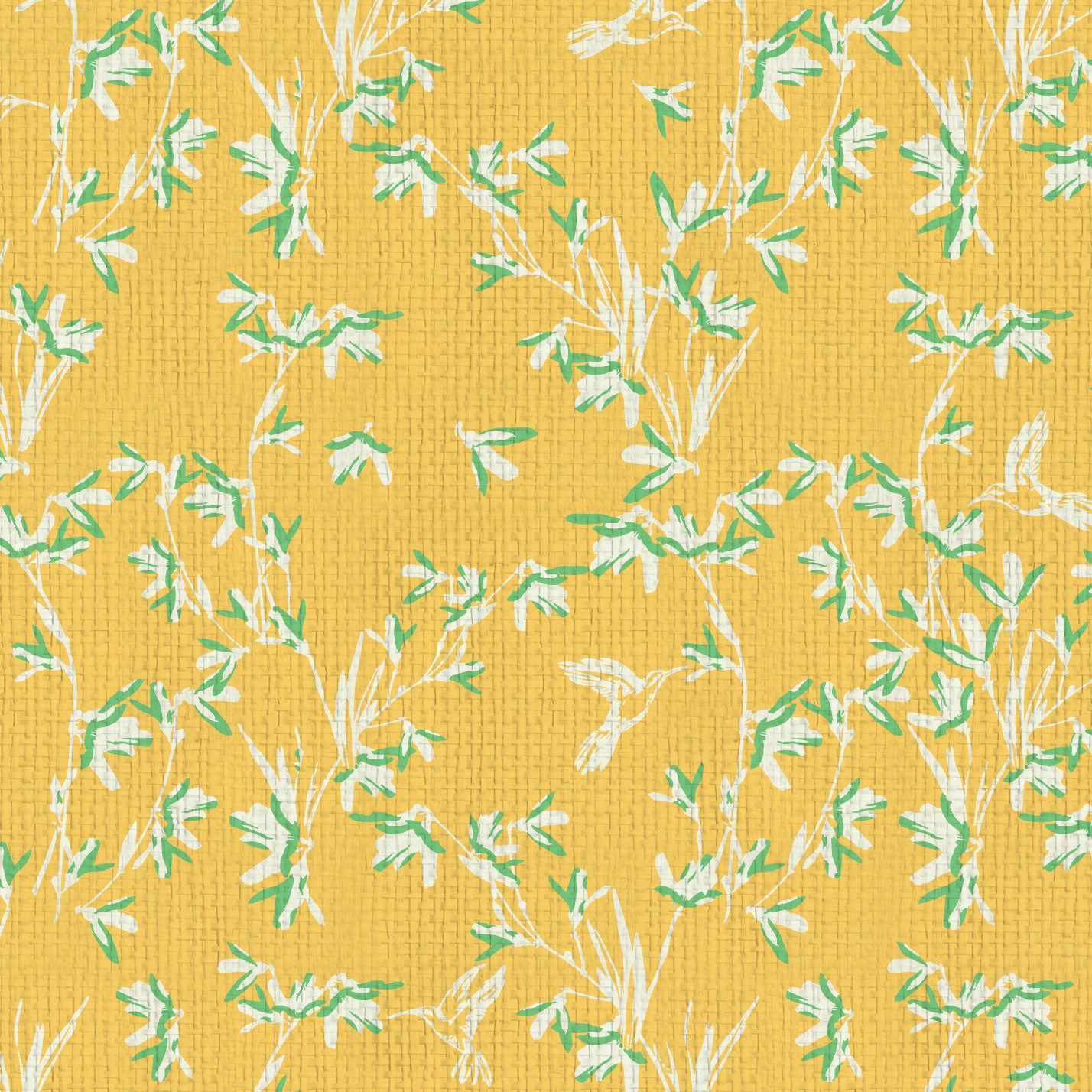 Chinoiserie Chinese Chinz Natural Textured Eco-Friendly Non-toxic High-quality  Sustainable practices Sustainability Wall covering Wallcovering Wallpaper Custom interior Bespoke Tailor-made grasscloth Nature inspired Bold Garden Wallpaper floral tree bird animal hummingbird garden tree asian inspired nursery feminine girl bedroom butter yellow bright yellow marigold yellow with white and light green paper weave paperweave