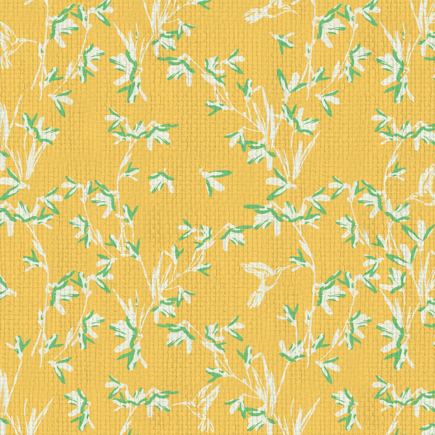 Chinoiserie Chinese Chinz Natural Textured Eco-Friendly Non-toxic High-quality  Sustainable practices Sustainability Wall covering Wallcovering Wallpaper Custom interior Bespoke Tailor-made grasscloth Nature inspired Bold Garden Wallpaper floral tree bird animal hummingbird garden tree asian inspired nursery feminine girl bedroom butter yellow bright yellow marigold yellow with white and light green paper weave paperweave