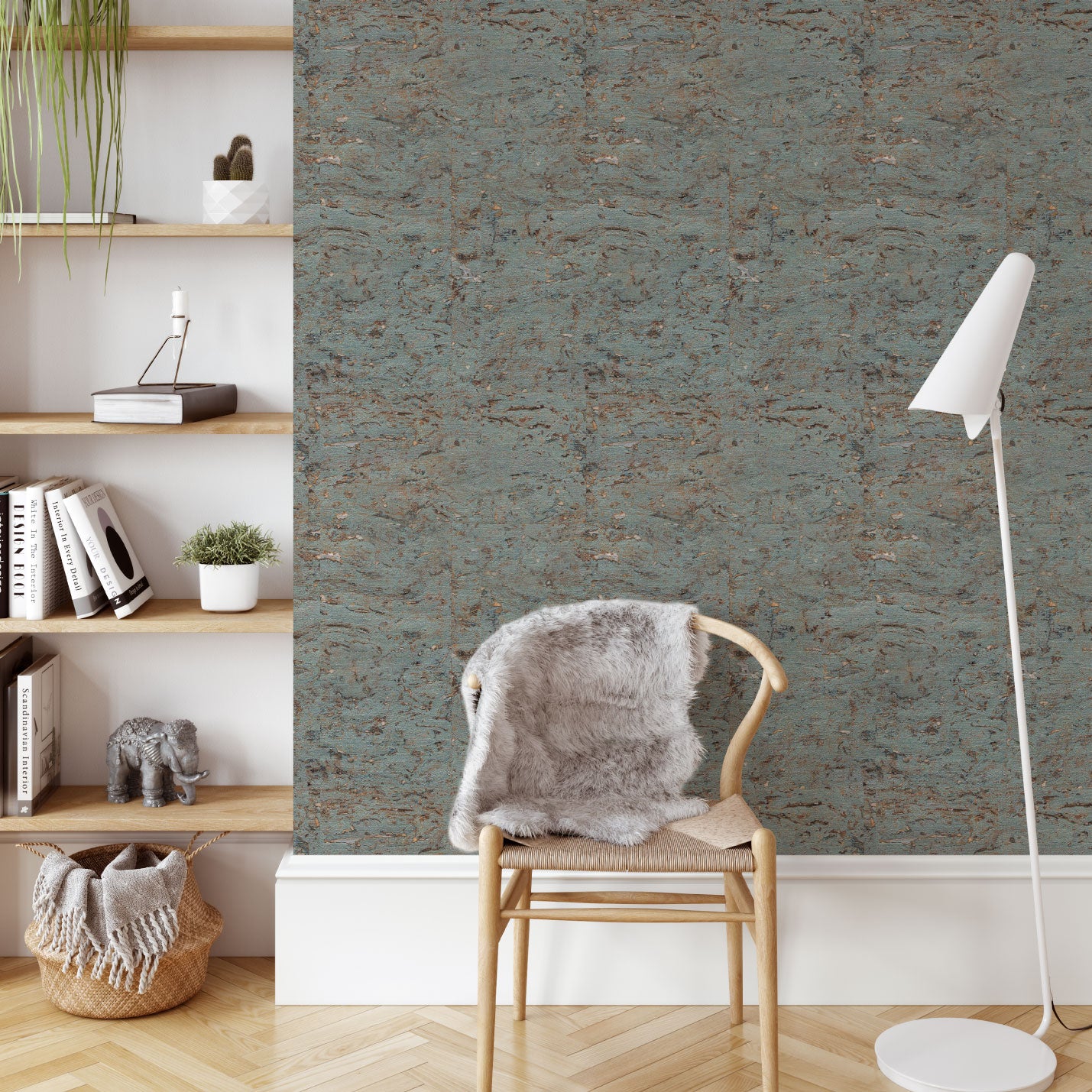 wallpaper Natural Textured Eco-Friendly Non-toxic High-quality Sustainable Interior Design Bold Custom Tailor-made Retro chic Bold cork rustic cabin cottage neutral moss green brown nature wood grain metallic shiny shine silver living room