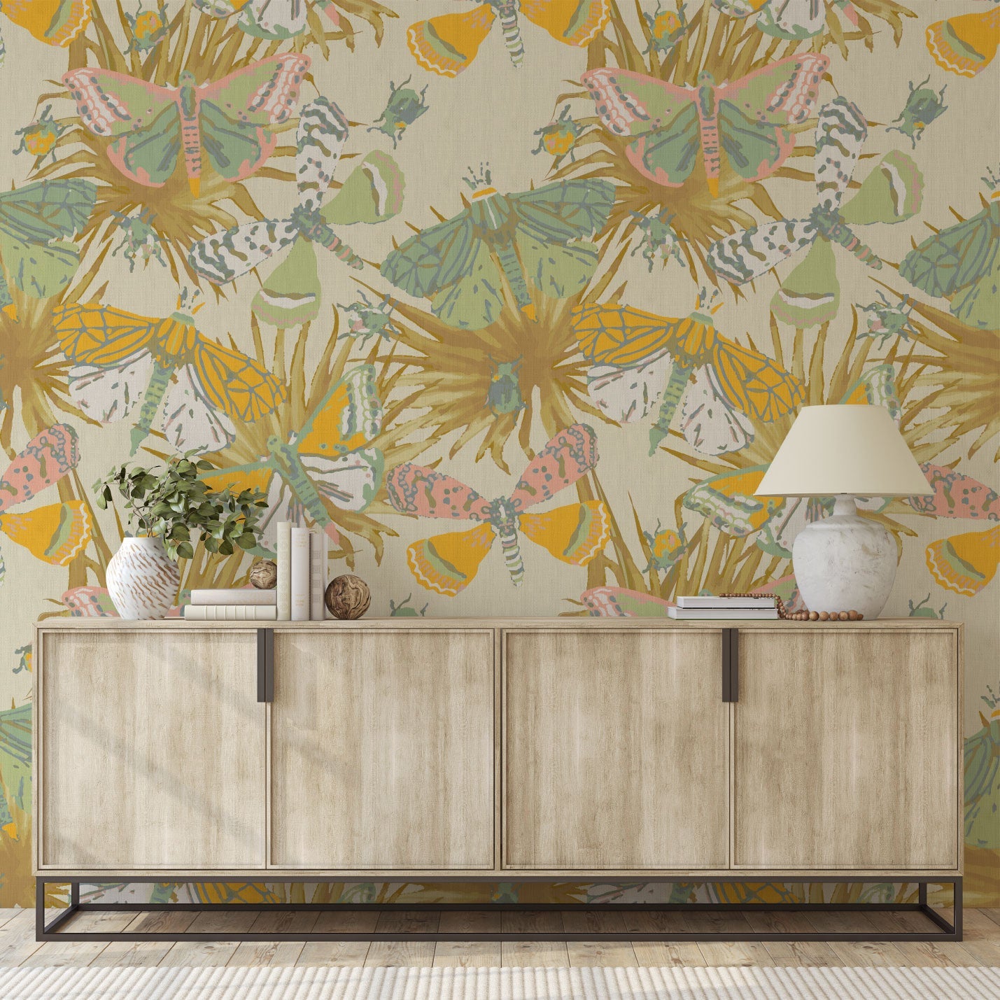 paperweave paper weave wallpaper Natural Textured Eco-Friendly Non-toxic High-quality Sustainable Interior Design Bold Custom Tailor-made Retro chic Bold tropical butterfly bug palm leaves animals botanical garden nature kids playroom bedroom nursery beige neutral cream