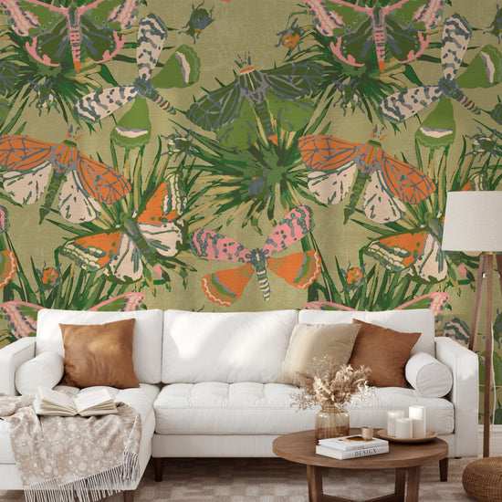 Grasscloth wallpaper Natural Textured Eco-Friendly Non-toxic High-quality Sustainable Interior Design Bold Custom Tailor-made Retro chic Bold tropical butterfly bug palm leaves animals botanical garden nature kids playroom bedroom nursery green moss jungle olive