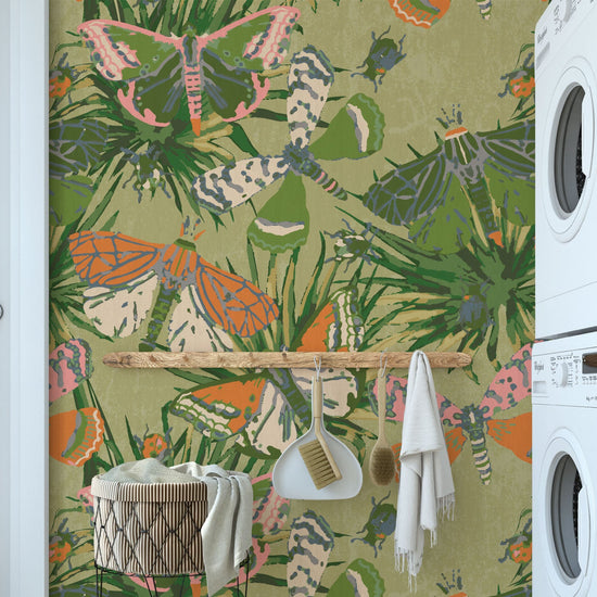 wallpaper Natural Textured Eco-Friendly Non-toxic High-quality Sustainable Interior Design Bold Custom Tailor-made Retro chic Bold tropical butterfly bug palm leaves animals botanical garden nature kids playroom bedroom nursery green moss jungle olive paper weave paperweave