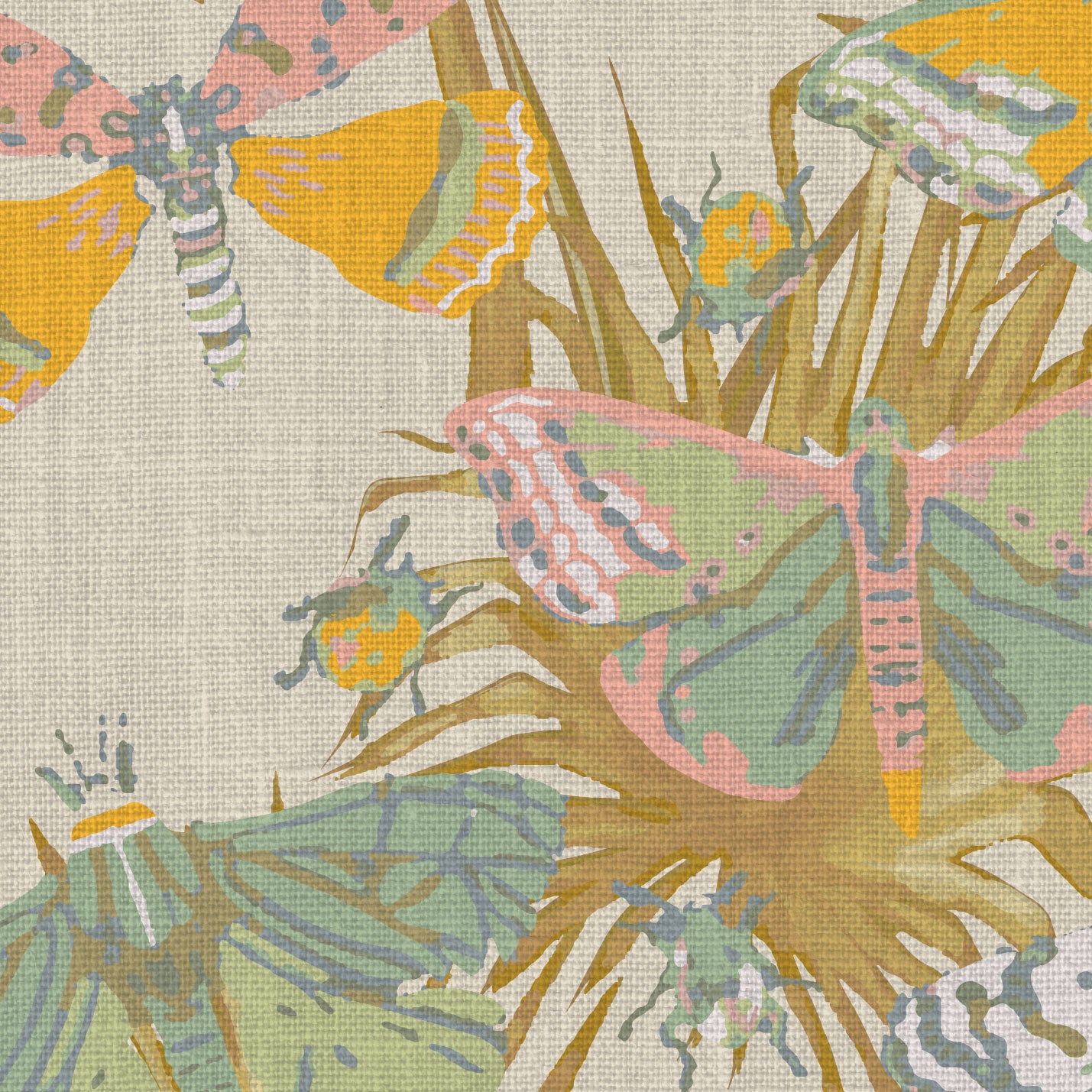 Interior Design Bold Custom Tailor-made Retro chic Bold tropical butterfly bug palm leaves animals botanical garden nature kids playroom bedroom nursery beige neutral cream fabric upholstery fabric