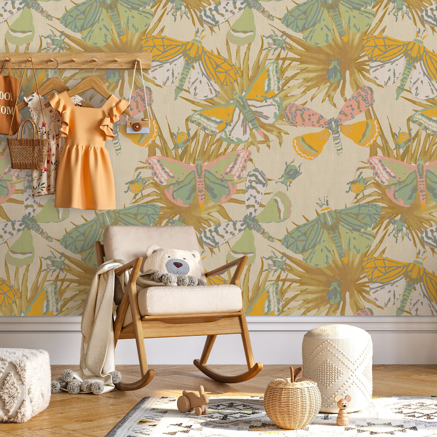 paperweave paper weave wallpaper Natural Textured Eco-Friendly Non-toxic High-quality Sustainable Interior Design Bold Custom Tailor-made Retro chic Bold tropical butterfly bug palm leaves animals botanical garden nature kids playroom bedroom nursery beige neutral cream