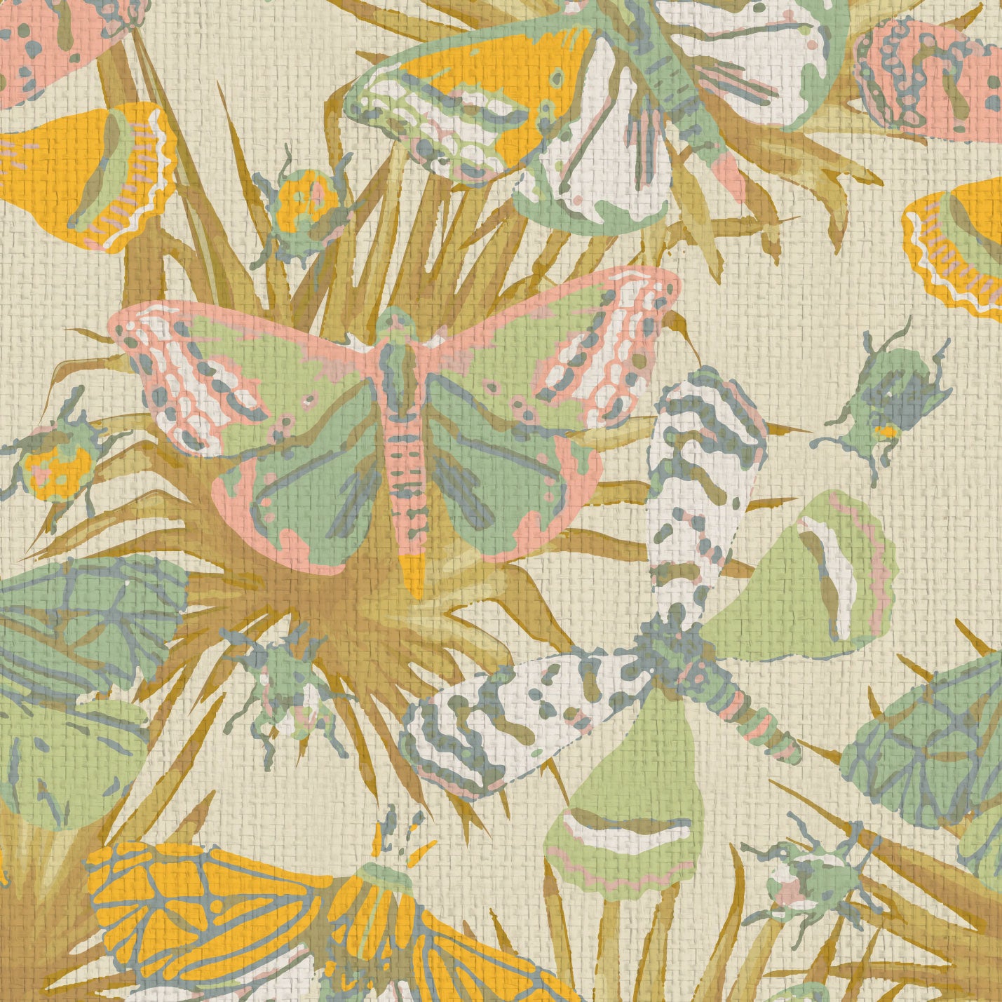paperweave paper weave wallpaper Natural Textured Eco-Friendly Non-toxic High-quality Sustainable Interior Design Bold Custom Tailor-made Retro chic Bold tropical butterfly bug palm leaves animals botanical garden nature kids playroom bedroom nursery beige neutral cream