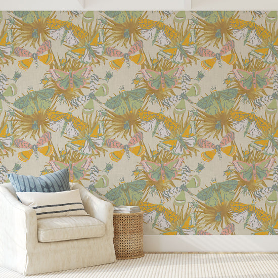 wallpaper Natural Textured Eco-Friendly Non-toxic High-quality Sustainable Interior Design Bold Custom Tailor-made Retro chic Bold tropical butterfly bug palm leaves animals botanical garden nature kids playroom bedroom nursery beige neutral cream linen