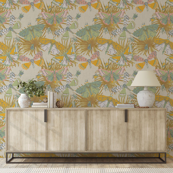 wallpaper Natural Textured Eco-Friendly Non-toxic High-quality Sustainable Interior Design Bold Custom Tailor-made Retro chic Bold tropical butterfly bug palm leaves animals botanical garden nature kids playroom bedroom nursery beige neutral cream linen