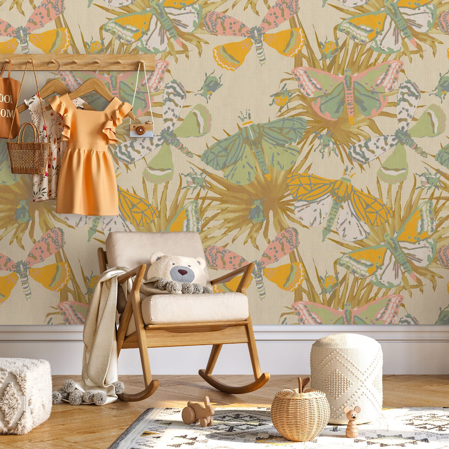 paperweave paper weave wallpaper Natural Textured Eco-Friendly Non-toxic High-quality Sustainable Interior Design Bold Custom Tailor-made Retro chic Bold tropical butterfly bug palm leaves animals botanical garden nature kids playroom bedroom nursery beige neutral cream