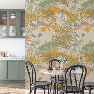 Vinyl wallpaper Textured High-quality  Interior Design Bold Custom Tailor-made Retro chic Bold tropical butterfly bug palm leaves animals botanical garden nature kids playroom beige neutral cream performance vinyl waterproof washable moisture resistant commercial fire rated