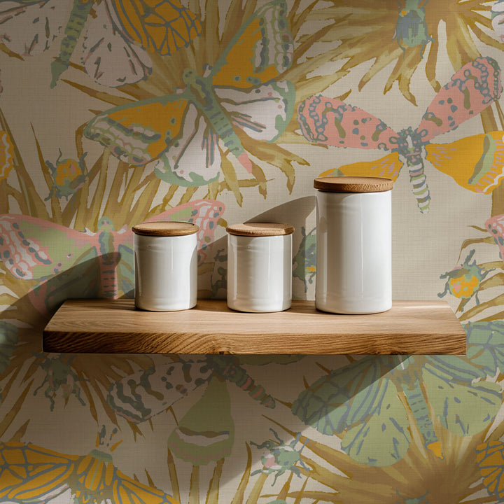 Vinyl wallpaper Textured High-quality  Interior Design Bold Custom Tailor-made Retro chic Bold tropical butterfly bug palm leaves animals botanical garden nature kids playroom beige neutral cream performance vinyl waterproof washable moisture resistant commercial fire rated