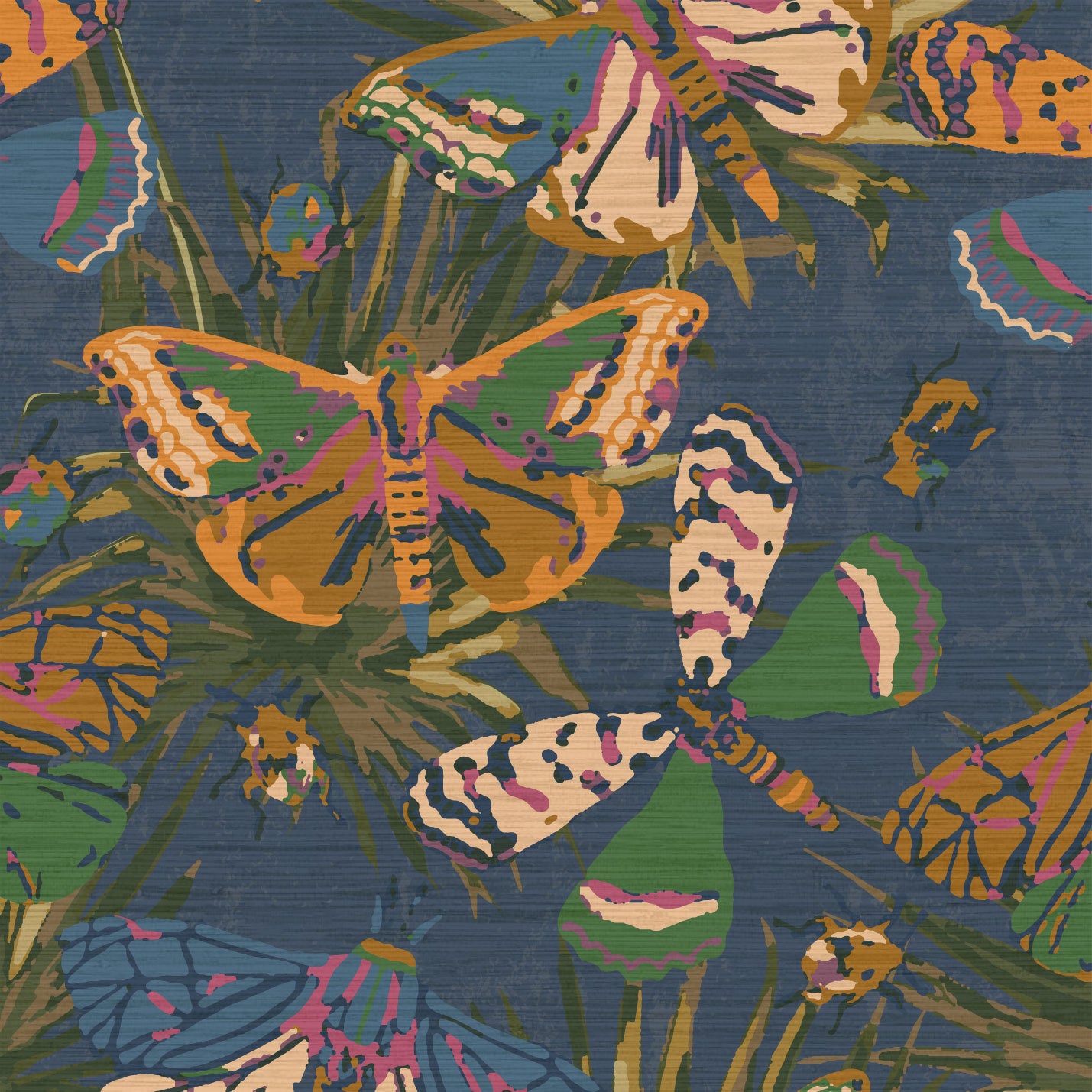 Load image into Gallery viewer, Grasscloth printed wallpaper with allover butterflies, palm leaves and mini insects overlapped in an oversized print.Grasscloth wallpaper Natural Textured Eco-Friendly Non-toxic High-quality Sustainable Interior Design Bold Custom Tailor-made Retro chic Bold tropical butterfly bug palm leaves animals botanical garden nature kids playroom bedroom nursery navy green jungle blue dark
