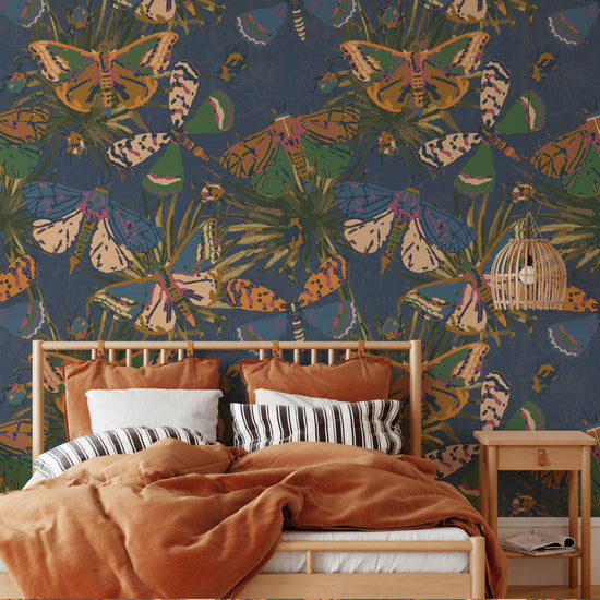Grasscloth printed wallpaper with allover butterflies, palm leaves and mini insects overlapped in an oversized print.Grasscloth wallpaper Natural Textured Eco-Friendly Non-toxic High-quality Sustainable Interior Design Bold Custom Tailor-made Retro chic Bold tropical butterfly bug palm leaves animals botanical garden nature kids playroom bedroom nursery navy green jungle blue dark bedroom