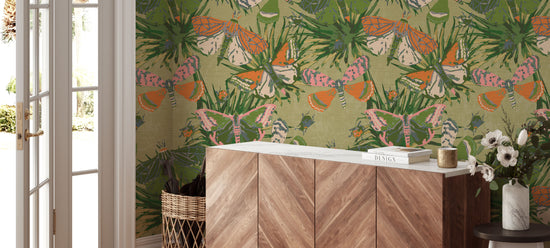 Grasscloth wallpaper Natural Textured Eco-Friendly Non-toxic High-quality Sustainable Interior Design Bold Custom Tailor-made Retro chic Bold tropical butterfly bug palm leaves animals botanical garden nature kids playroom bedroom nursery green moss jungle olive