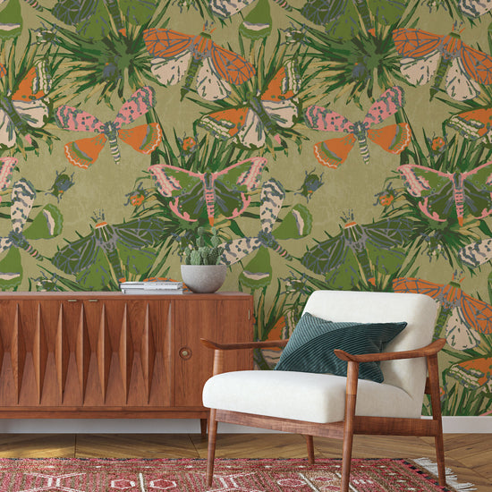 wallpaper Natural Textured Eco-Friendly Non-toxic High-quality Sustainable Interior Design Bold Custom Tailor-made Retro chic Bold tropical butterfly bug palm leaves animals botanical garden nature kids playroom bedroom nursery green moss jungle olive paper weave paperweave living room