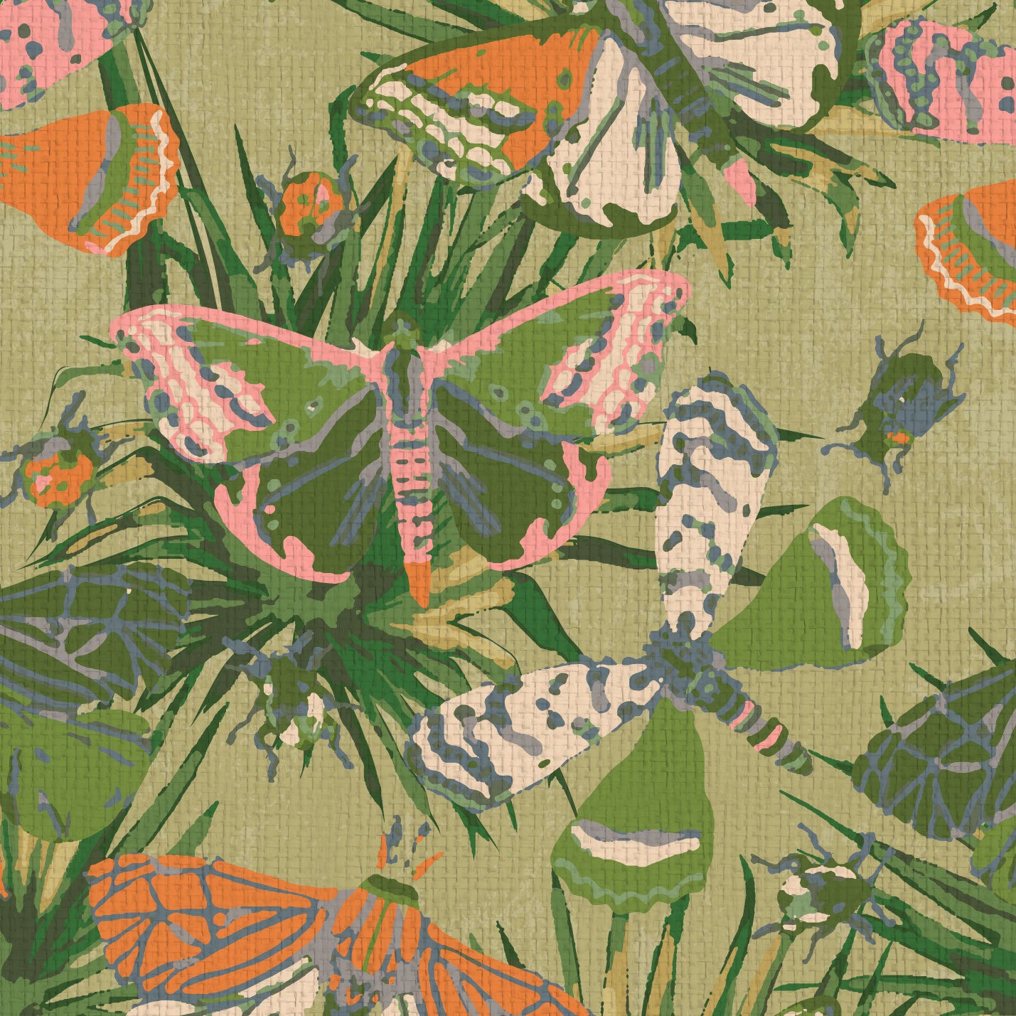 wallpaper Natural Textured Eco-Friendly Non-toxic High-quality Sustainable Interior Design Bold Custom Tailor-made Retro chic Bold tropical butterfly bug palm leaves animals botanical garden nature kids playroom bedroom nursery green moss jungle olive paper weave paperweave