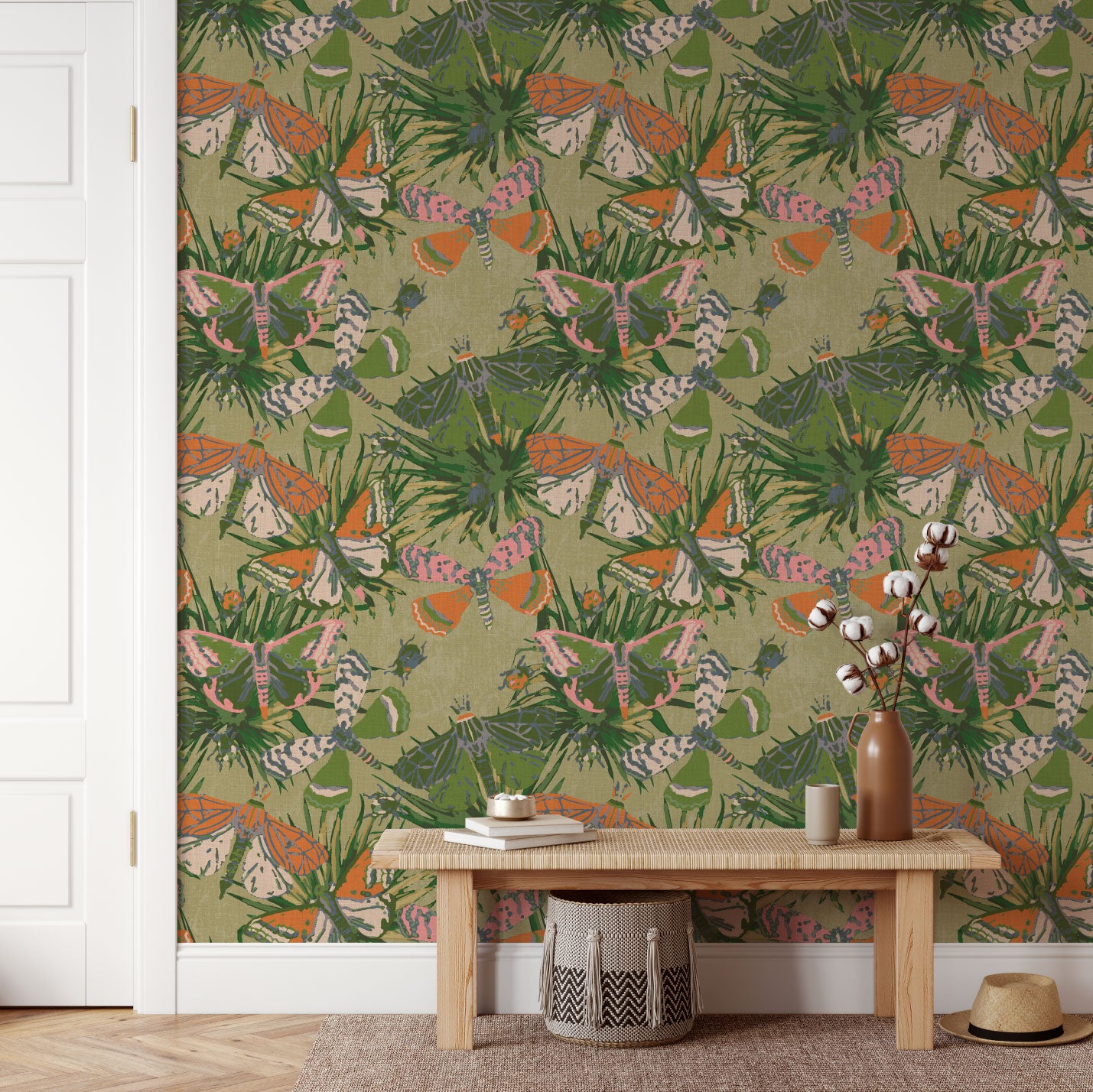 wallpaper Natural Textured Eco-Friendly Non-toxic High-quality Sustainable Interior Design Bold Custom Tailor-made Retro chic Bold tropical butterfly bug palm leaves animals botanical garden nature kids playroom bedroom nursery green moss jungle olive linen