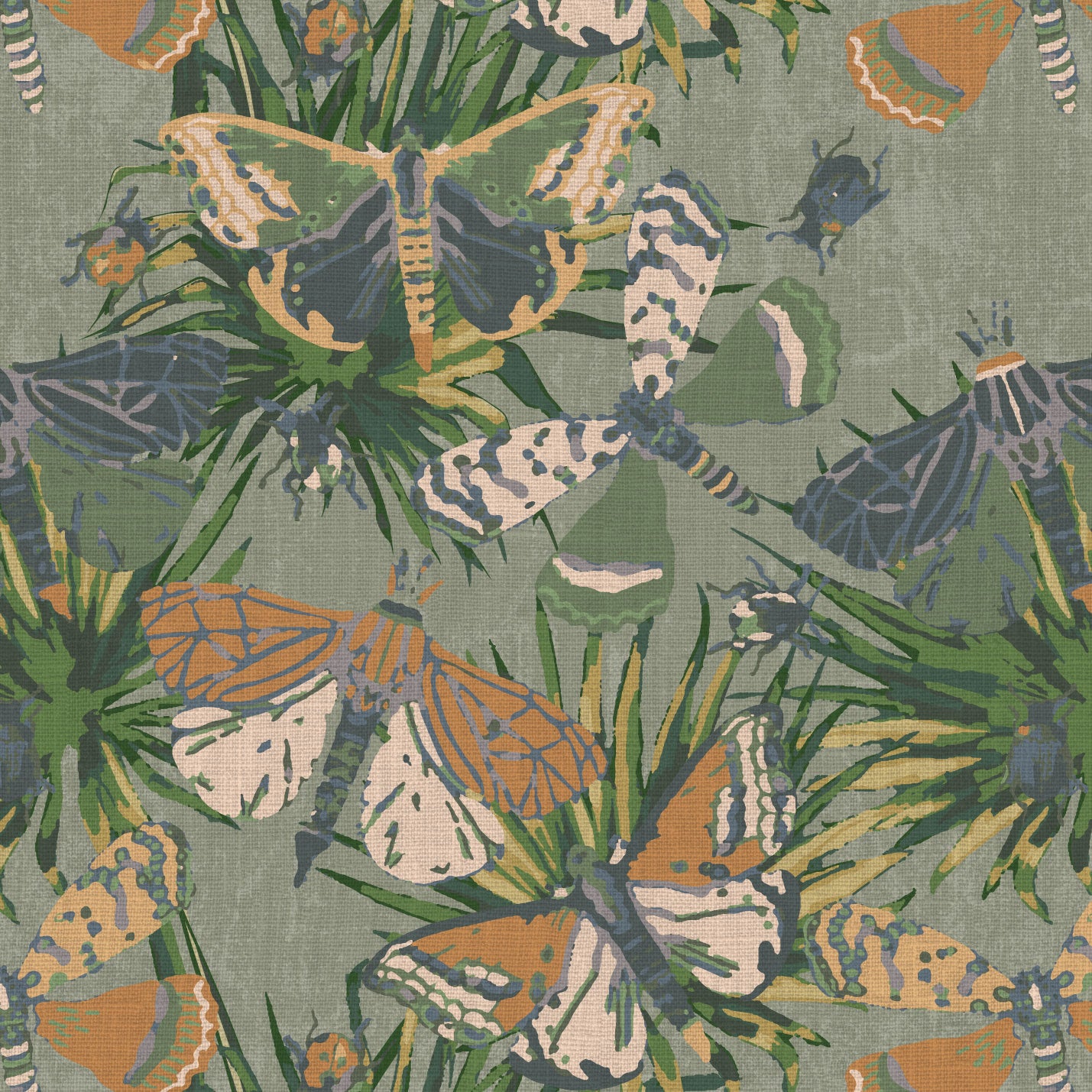 Interior Design Bold Custom Tailor-made Retro chic Bold tropical butterfly bug palm leaves animals botanical garden nature kids playroom bedroom nursery beige neutral cream fabric upholstery fabric