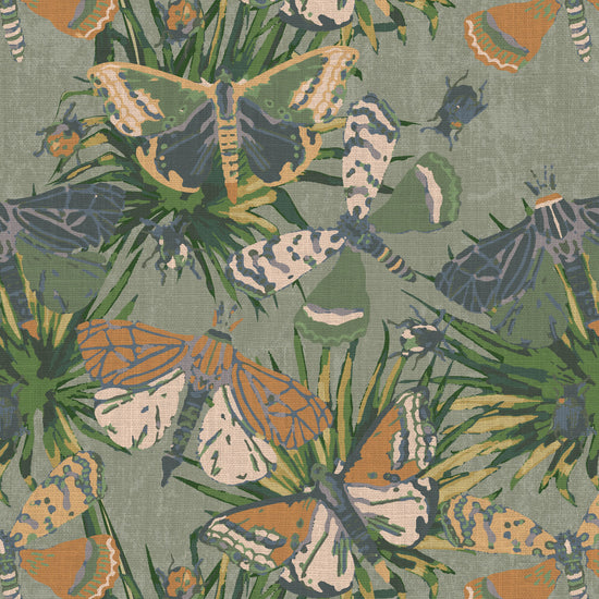 Interior Design Bold Custom Tailor-made Retro chic Bold tropical butterfly bug palm leaves animals botanical garden nature kids playroom bedroom nursery beige neutral cream fabric upholstery fabric