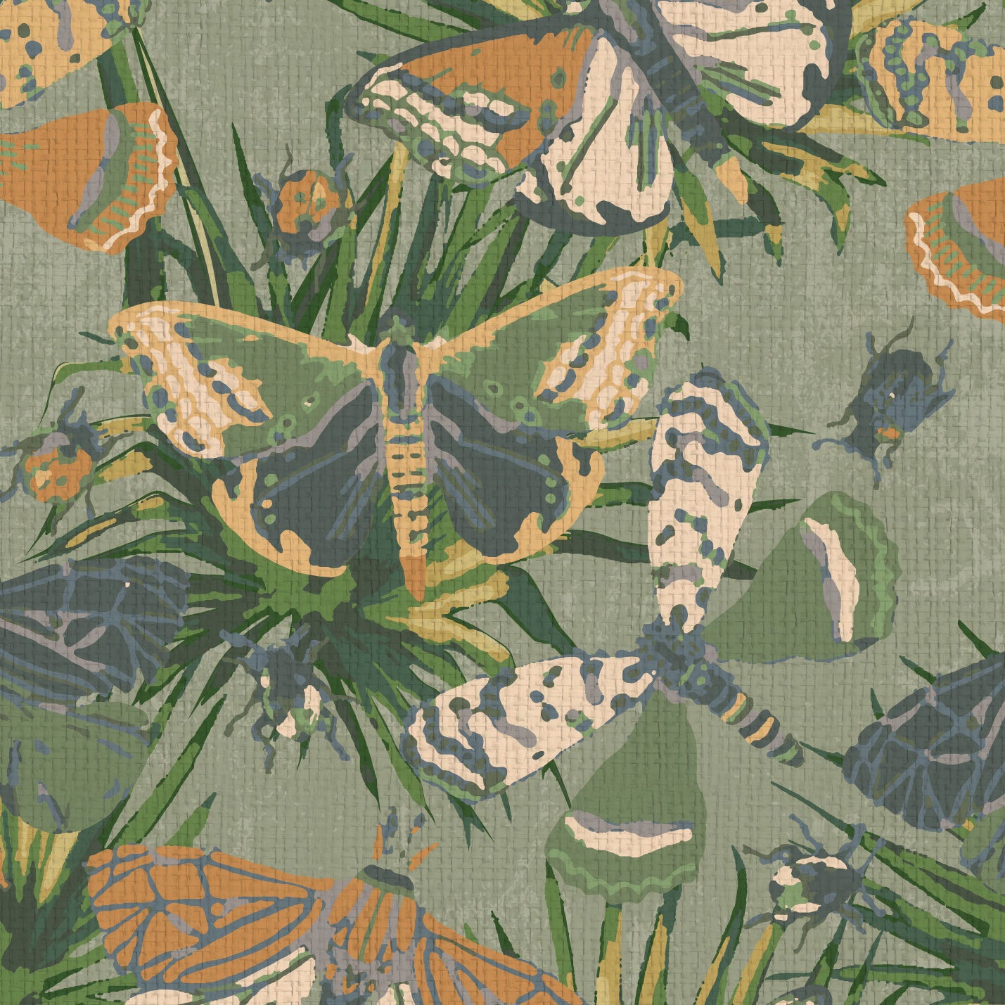 printed wallpaper with allover butterflies, palm leaves and mini insects overlapped in an oversized print.Grasscloth wallpaper Natural Textured Eco-Friendly Non-toxic High-quality Sustainable Interior Design Bold Custom Tailor-made Retro chic Bold tropical butterfly bug palm leaves animals botanical garden nature kids playroom bedroom nursery green moss jungle olive paperweave paper weave
