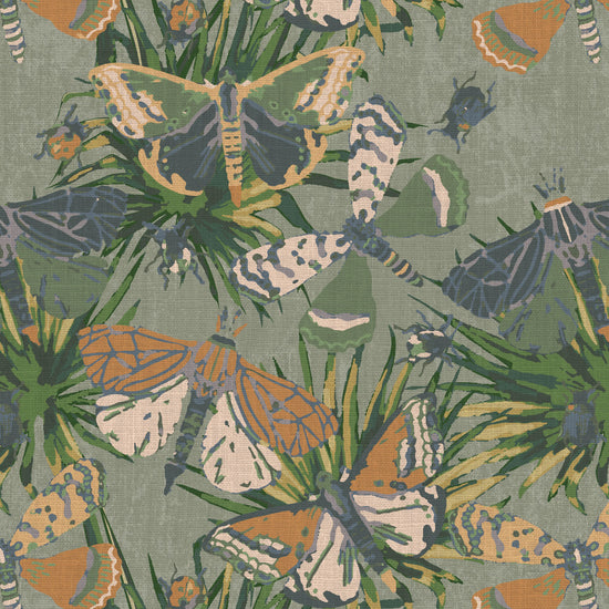 printed wallpaper with allover butterflies, palm leaves and mini insects overlapped in an oversized print.Grasscloth wallpaper Natural Textured Eco-Friendly Non-toxic High-quality Sustainable Interior Design Bold Custom Tailor-made Retro chic Bold tropical butterfly bug palm leaves animals botanical garden nature kids playroom bedroom nursery green moss jungle olive linen
