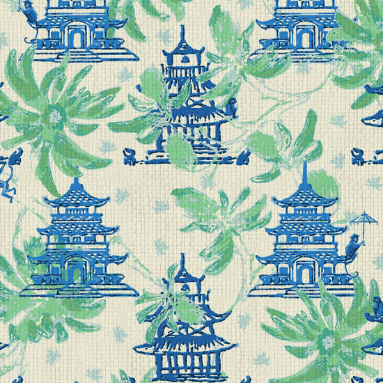 Natural Textured Eco-Friendly Non-toxic High-quality Sustainable practices Sustainability Wall covering Wallcovering Wallpaper luxury bespoke custom interior design asian inspired green palm leaf garden print floral tree branches pagoda shades of blue french blue monkey retro chic grid Chinoiserie chinese classic chintz french blue green paper weave