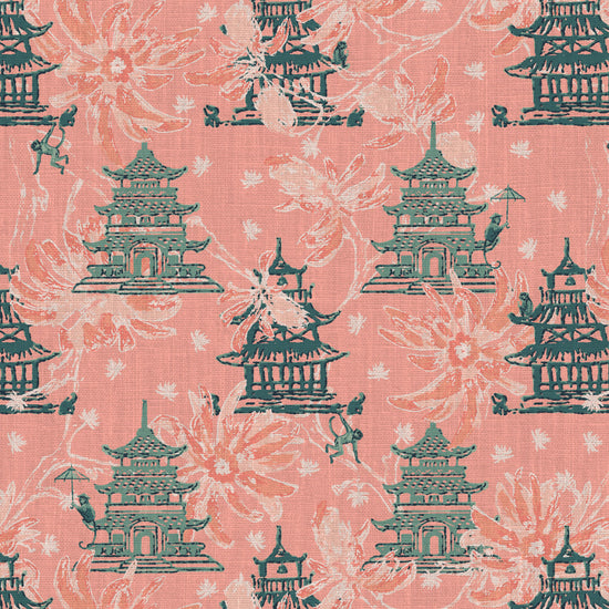 luxury bespoke custom interior design asian inspired green palm leaf garden print floral tree branches pagoda shades of blue french blue monkey retro chic grid Chinoiserie chinese classic chintz coral pink rose olive green sage fabric upholstery