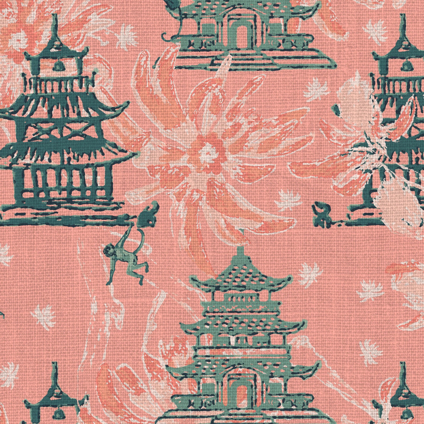 luxury bespoke custom interior design asian inspired green palm leaf garden print floral tree branches pagoda shades of blue french blue monkey retro chic grid Chinoiserie chinese classic chintz coral pink rose olive green sage fabric upholstery