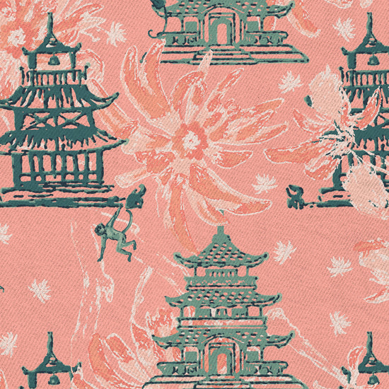 luxury bespoke custom interior design asian inspired green palm leaf garden print floral tree branches pagoda shades of blue french blue monkey retro chic grid Chinoiserie chinese classic chintz coral pink rose olive green sage fabric upholstery