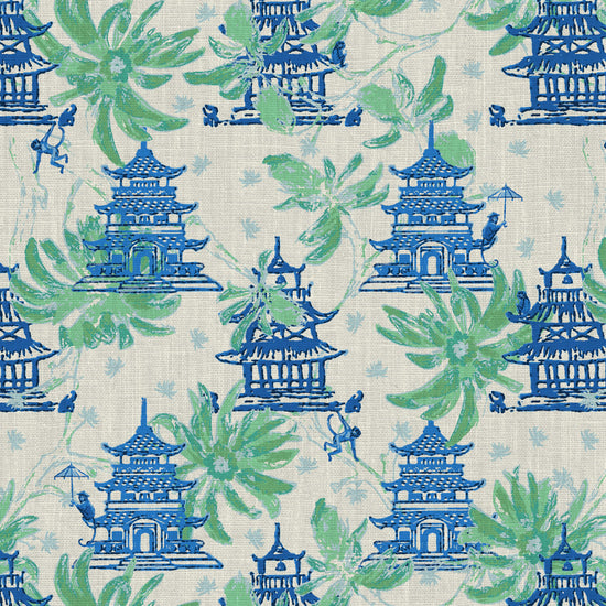 luxury bespoke custom interior design asian inspired green palm leaf garden print floral tree branches pagoda shades of blue french blue monkey retro chic grid Chinoiserie chinese classic chintz french blue green upholstery fabric