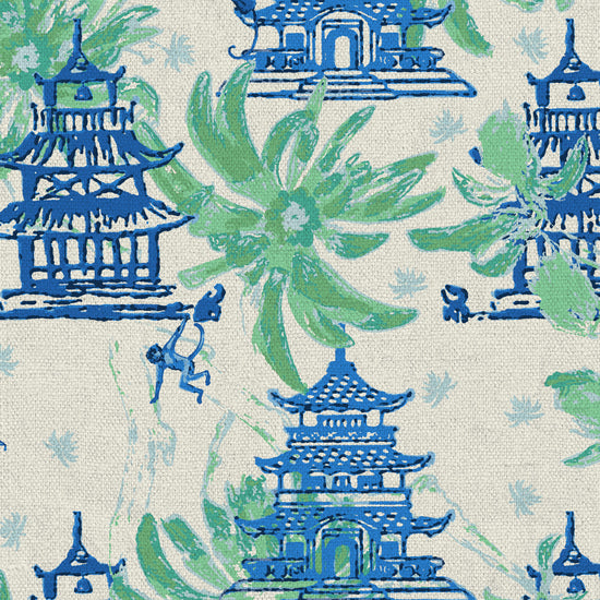 luxury bespoke custom interior design asian inspired green palm leaf garden print floral tree branches pagoda shades of blue french blue monkey retro chic grid Chinoiserie chinese classic chintz french blue green upholstery fabric