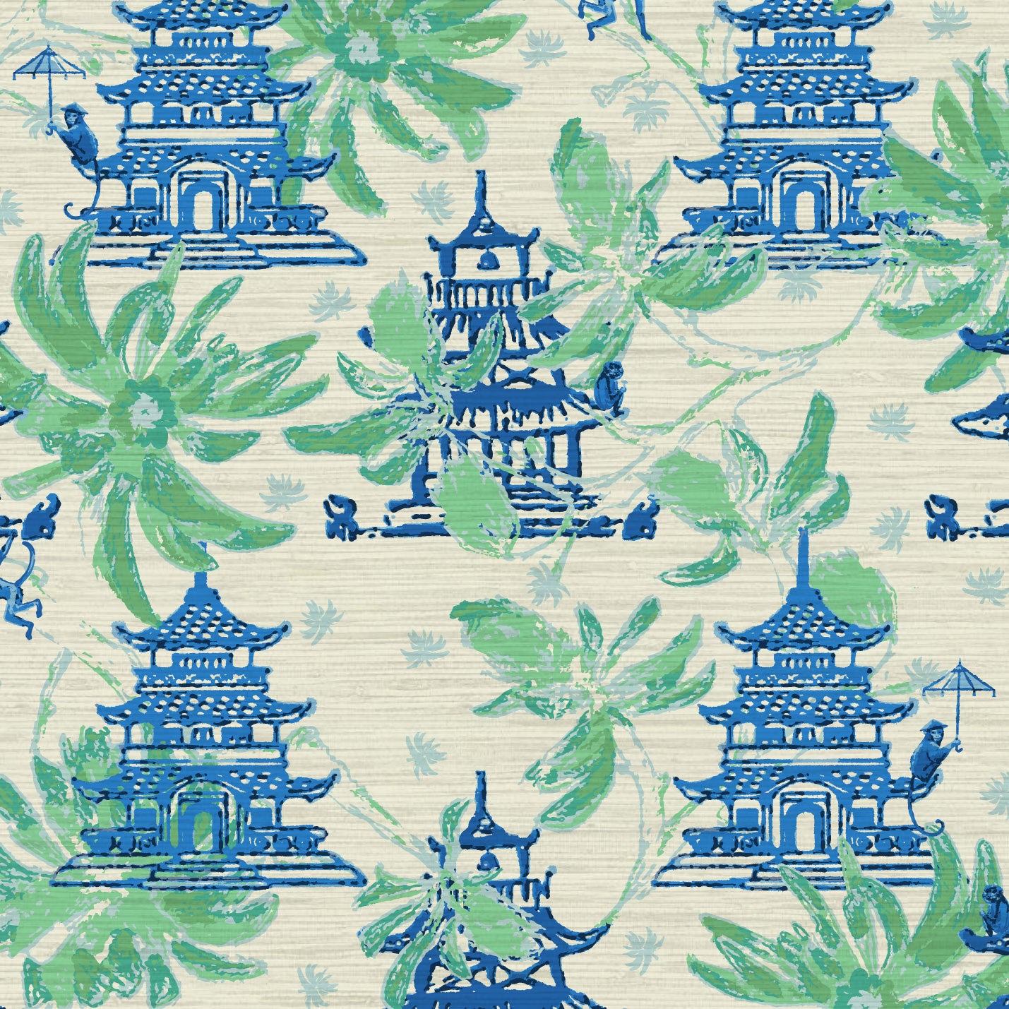 Natural Textured Eco-Friendly Non-toxic High-quality  Sustainable practices Sustainability Wall covering Wallcovering Wallpaper luxury bespoke custom interior design asian inspired green palm leaf garden print floral tree branches pagoda shades of blue french blue monkey retro chic grid  Chinoiserie chinese classic chintz french blue green