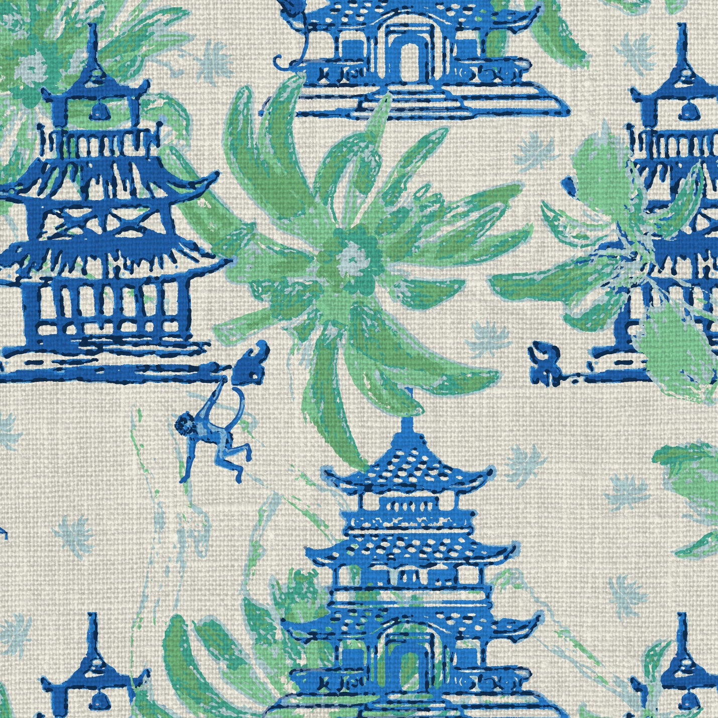 Natural Textured Eco-Friendly Non-toxic High-quality Sustainable practices Sustainability Wall covering Wallcovering Wallpaper luxury bespoke custom interior design asian inspired green palm leaf garden print floral tree branches pagoda shades of blue french blue monkey retro chic grid Chinoiserie chinese classic chintz french blue green linen