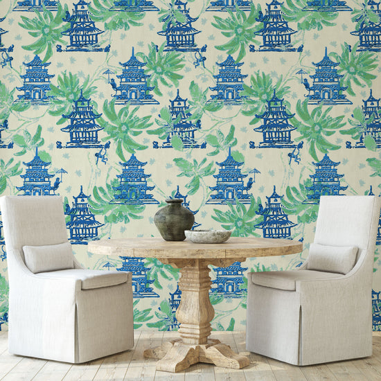 Natural Textured Eco-Friendly Non-toxic High-quality Sustainable practices Sustainability Wall covering Wallcovering Wallpaper luxury bespoke custom interior design asian inspired green palm leaf garden print floral tree branches pagoda shades of blue french blue monkey retro chic grid Chinoiserie chinese classic chintz french blue green paper weave