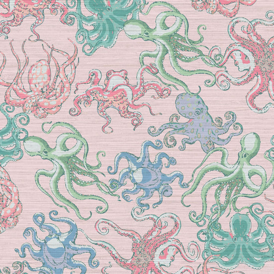 Tropical Jungle Coastal Garden Seaside Seashore Waterfront Retreat Relaxed beach vibes Beach cottage Shoreline Oceanfront Nautical Cabana preppy octopus octopi fish sea animals underwater sea ocean pastel pink girl kids nursery playroom Grasscloth Paper Weave Wallpaper Wall Covering