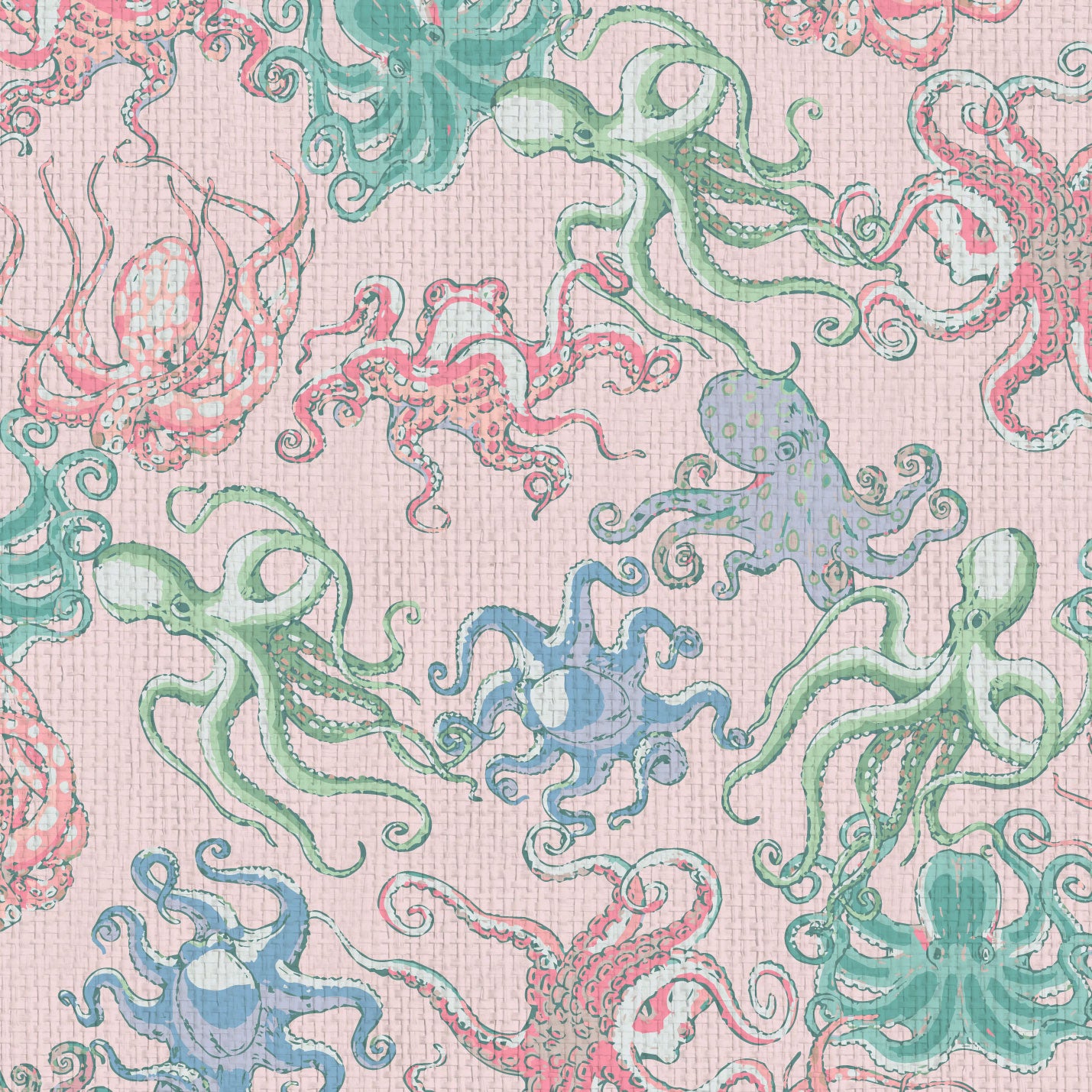 Tropical Jungle Coastal Garden Seaside Seashore Waterfront Retreat Relaxed beach vibes Beach cottage Shoreline Oceanfront Nautical Cabana preppy octopus octopi fish sea animals underwater sea ocean pastel pink girl kids nursery playroom Grasscloth Paper Weave Wallpaper Wall Covering