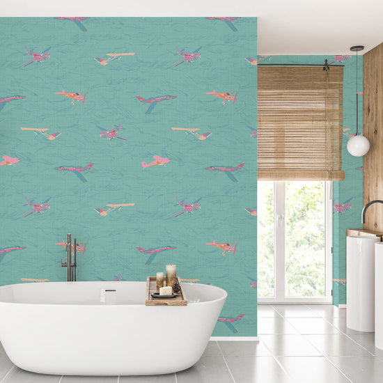 Leaving on a Jet Plane Textured Performance Vinyl Wallpaper in Boomerang Blue