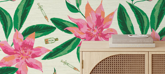 white based grasscloth printed wallpaper with oversized pink flowers and big green leafs with botox bottles syringes Natural Textured Eco-Friendly Non-toxic High-quality Sustainable practices Sustainability Interior Design Wall covering Bold Wallpaper Custom Tailor-made Retro chic Tropical Salon Beauty Hair Garden jungle medspa botanical garden